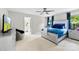 Stylish bedroom boasts a modern bed with blue bedding, a TV, and a view of the outdoors at 11195 Argosy Dr # 1098, Lancaster, SC 29720