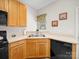 Functional kitchen with light wood cabinets, black appliances, and a garden window over the sink area at 12415 Stratfield Place Cir, Pineville, NC 28134
