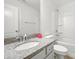 Bathroom featuring granite countertops, a large mirror, a sink, a toilet, and a shower at 15119 Oleander Dr, Charlotte, NC 28278