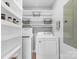 Laundry room with washer, dryer, storage shelves and laminate flooring at 220 Plonk Rd, Dallas, NC 28034