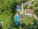 Stunning aerial view of property featuring a private pool, lush greenery, and mature trees at 4911 Rivergreen Ln, Charlotte, NC 28227