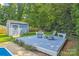 Relaxing backyard deck area with chairs, a blue painted deck, and beautiful yard space at 4911 Rivergreen Ln, Charlotte, NC 28227