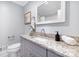 Elegant bathroom with granite countertop, a decorative mirror, and a stylish sink with modern fixtures at 1744 Emerywood Dr, Charlotte, NC 28210