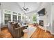 Bright living room featuring a fireplace, hardwood floors, and large windows at 126 Blandina Ct, Fort Mill, SC 29708