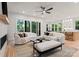 Bright living room features modern furniture, hardwood floors, large windows, and open-concept kitchen at 1622 Burtonwood Cir, Charlotte, NC 28212