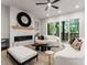 Modern living room with a fireplace, decorative mirror, hardwood floors, and stylish white couches at 1622 Burtonwood Cir, Charlotte, NC 28212