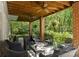 Covered brick patio with ceiling fans, wicker furniture, and lots of surrounding greenery at 2324 Kingsmill Ter, Charlotte, NC 28270