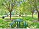 Neighborhood playground with green picnic table and benches, mature trees and bright sunshine at 5805 Lindley Crescent Dr, Indian Trail, NC 28079