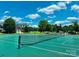 Outdoor tennis court with green surface and dark net surrounded by trees and residential area at 5805 Lindley Crescent Dr, Indian Trail, NC 28079