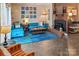 Inviting living room features a striking blue sofa and accent rug, complemented by a brick fireplace at 5922 Sullins Rd, Charlotte, NC 28214