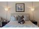 Comfortable main bedroom with pendant lighting, stylish decor, and a plush upholstered headboard at 5922 Sullins Rd, Charlotte, NC 28214