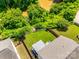 Aerial view of a landscaped backyard with patio, hot tub, fire pit and fencing overlooking wooded area at 6243 Kilchurn Dr, Indian Land, SC 29707
