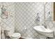 Stylish half-bathroom with patterned wallpaper, a pedestal sink, and a toilet at 6243 Kilchurn Dr, Indian Land, SC 29707