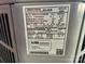 Close-up of the American Standard air conditioner's label showing specs, model, and serial number for 208/230 Volts at 708 East St # 89, Albemarle, NC 28001