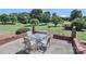 Backyard patio with outdoor table set, brick pillars, and a meticulously manicured lawn at 116 Deer Trail Rd, Statesville, NC 28677