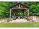 Backyard gazebo featuring seating and manicured landscaping surrounded by mature trees for privacy at 1701 Whitney Ln, Salisbury, NC 28146