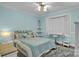 Calming bedroom featuring a bed with a teddy bear, blue walls, and a window seat with white shutters at 327 Saint Andrews Rd, Statesville, NC 28625