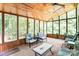Screened-in porch featuring a wood plank ceiling and walls of windows overlooking the property at 5238 Downing Creek Dr, Charlotte, NC 28269