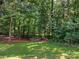 Expansive backyard with green lawn, fire pit area, and wooded perimeter at 610 Hampshire Hill Rd, Matthews, NC 28105