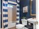 Bathroom with navy walls, walk-in shower, white toilet, and pedestal sink at 610 Hampshire Hill Rd, Matthews, NC 28105