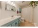 Bathroom with a plant, a drop-in sink with teal vanity, and neutral tones at 11834 Carmel Lakes Dr, Charlotte, NC 28226