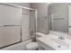 Clean bathroom with a shower/tub combo, white vanity, and neutral wall color at 120 Tower Dr, Statesville, NC 28677