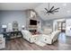 Stylish living room featuring a stone fireplace, modern decor, and an open layout at 133 Harbourtown Dr, Kings Mountain, NC 28086