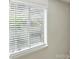This window has white blinds and a wooded outside view at 3020 Heathstead Pl # A, Charlotte, NC 28210