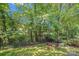 Private backyard featuring an iron fence, mature trees, and a grassy yard at 7217 Rena Mae Ln, Charlotte, NC 28227