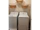 Convenient laundry room features a washer and dryer with ample storage space on shelving above at 115 Morrocroft Ln, Mooresville, NC 28117