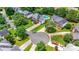 Aerial view of a neighborhood featuring manicured lawns, mature trees, and well-maintained homes with pools at 12416 Stirling Trace Ct, Charlotte, NC 28277