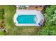 Aerial view of a backyard featuring an in-ground pool, lush greenery, and manicured landscaping at 12416 Stirling Trace Ct, Charlotte, NC 28277