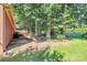 View of backyard, brick house, trees, and a patch of grass at 16509 Kimbolten Dr, Huntersville, NC 28078