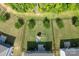 Aerial view of fenced backyard with a playground, trees, and a concrete patio area, perfect for outdoor enjoyment at 1736 Rhynes Trl, Rock Hill, SC 29732