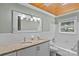 Bathroom featuring double vanity with granite counters and wood ceiling at 5611 Robinhood Rd, Charlotte, NC 28211