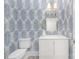 Stylish powder room with blue leaf wallpaper and a white vanity at 5611 Robinhood Rd, Charlotte, NC 28211