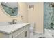 Bathroom with tiled walls, a modern sink, toilet, and a framed mirror at 1300 Queens Rd # 409, Charlotte, NC 28207