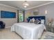 Bright bedroom featuring a large bed with a blue headboard and neutral walls with decorative accents at 3511 Dominion Green Dr, Charlotte, NC 28269