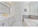 Elegant bathroom with double vanities, soaking tub and modern fixtures at 5728 Mantario Dr, Charlotte, NC 28269