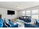 Cozy living room featuring plush blue sofas, an area rug, and ample natural light at 7136 Bullock Dr, Charlotte, NC 28214