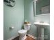 Cozy half-bathroom featuring a pedestal sink, a round mirror, and mint-colored walls, with a dark wood floor at 9123 Magnolia Lily Ave, Charlotte, NC 28227