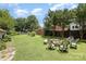 Landscaped backyard with well maintained lawn and fire pit seating area at 206 Mitchell Ave, Salisbury, NC 28144