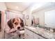 Bathroom featuring a granite countertop, white vanity, shower with a fun beagle curtain at 2526 Snow Creek Ne Rd, Hickory, NC 28601