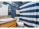 Bathroom with blue walls and a sink, toilet, and a blue and white striped shower curtain at 431 Forest Dr, Maiden, NC 28650