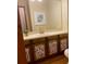 Bathroom featuring a vanity with patterned cabinet doors and a large mirror at 6632 Summer Darby Ln, Charlotte, NC 28270
