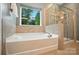 Luxurious bathroom featuring a soaking tub and a separate glass-enclosed shower at 8214 Aspen Ct, Mint Hill, NC 28227