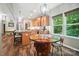 Bright dining area with a round table, modern lighting, and access to the kitchen and backyard at 8214 Aspen Ct, Mint Hill, NC 28227