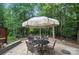 Outdoor patio with umbrella and dining furniture surrounded by lush greenery for private, shaded relaxation at 8214 Aspen Ct, Mint Hill, NC 28227