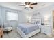 Cozy bedroom with ceiling fan features neutral walls, carpet floors, and bright natural light at 1219 Flowe Dr, Matthews, NC 28104
