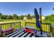 Outdoor deck space featuring black and white striped flooring with colorful picnic table set at 130 Ridge Bluff Rd, Mooresville, NC 28115